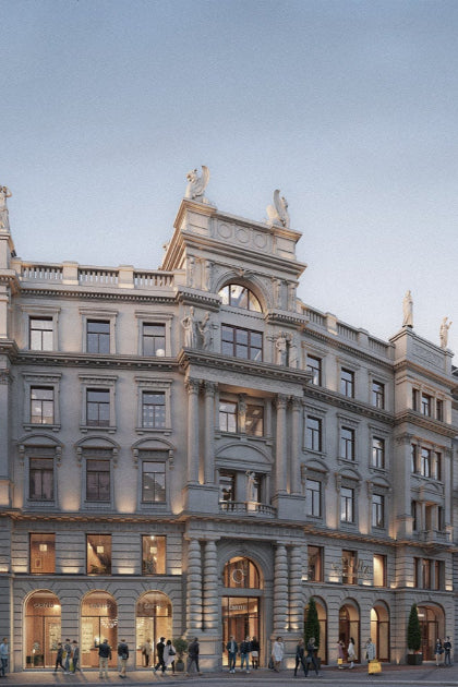 Collage of a shoe store interior, a building exterior, and a shoe display.