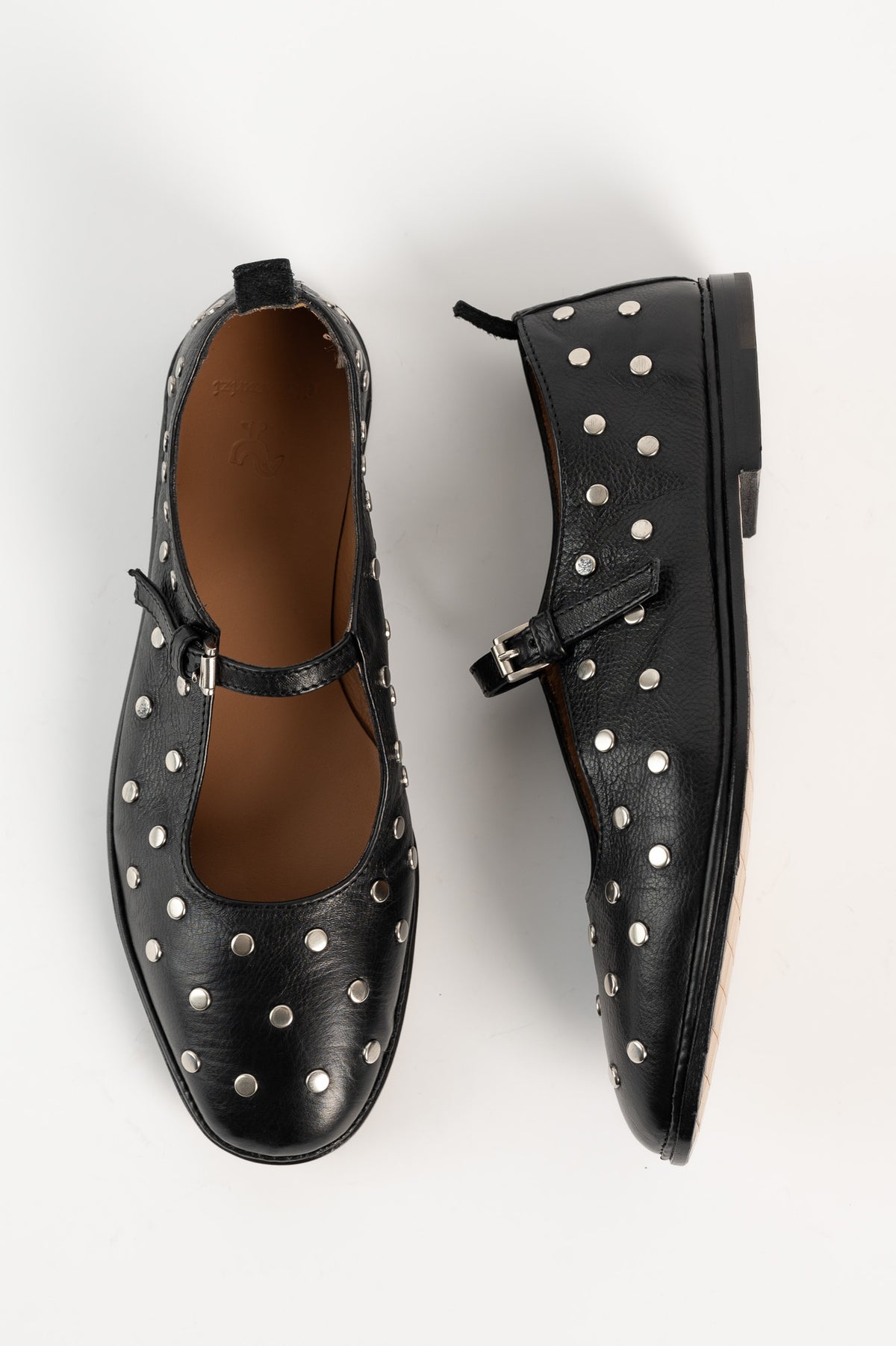 Mary Jane Flat Studs 054 | Black Leather