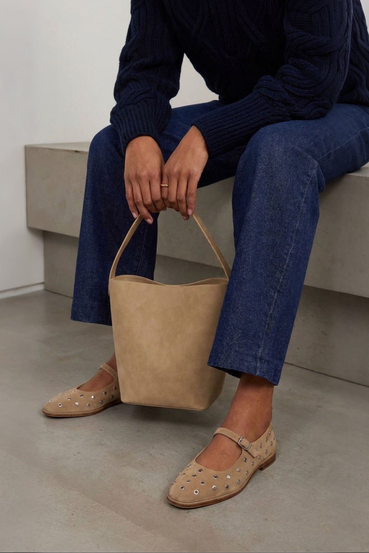 Mary Jane Flat Penelope Studs | Sand Beige Brushed Suede