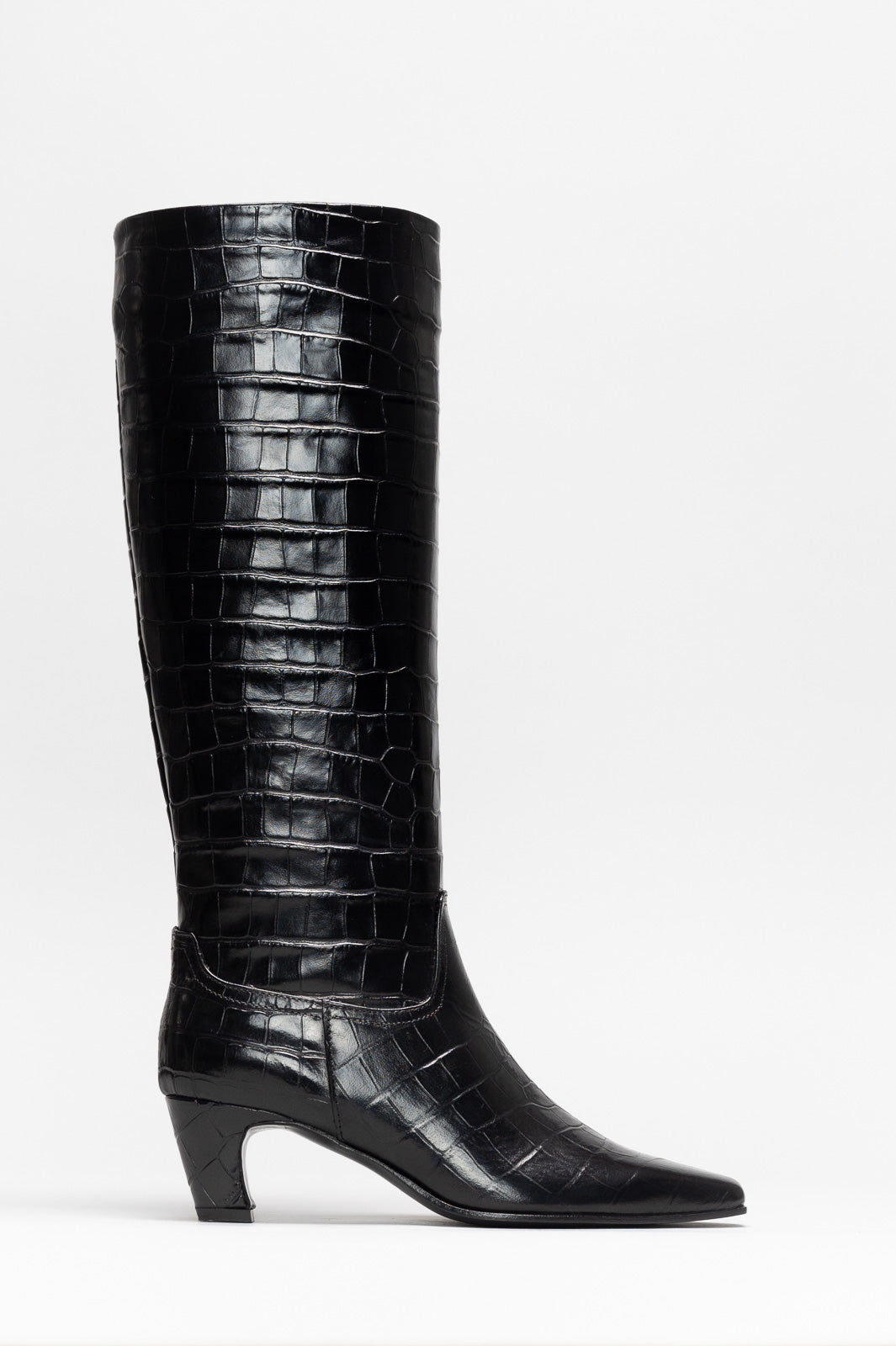 Heeled High Boot Selene | Black Croc-Embossed Leather