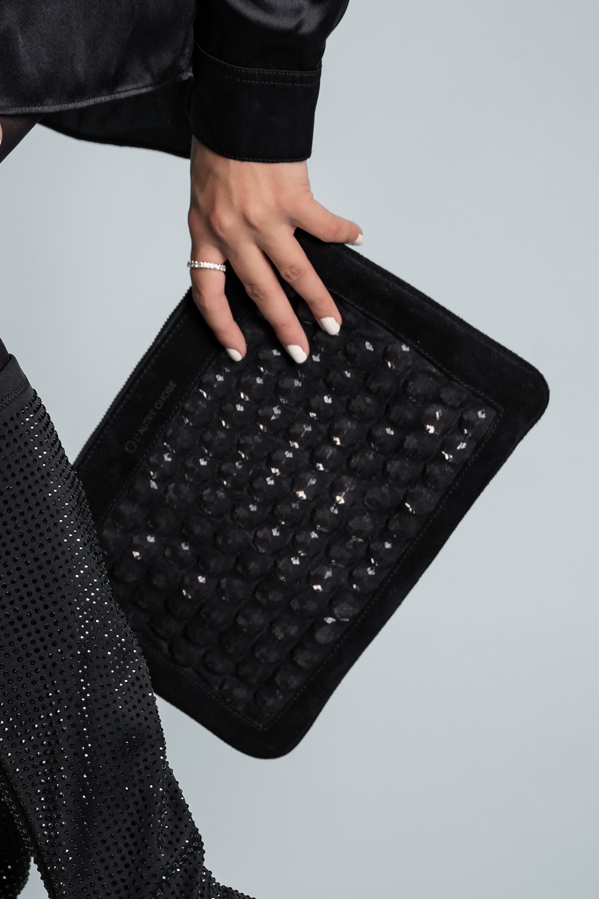 Crystal Mesh Zip Clutch | Black Suede