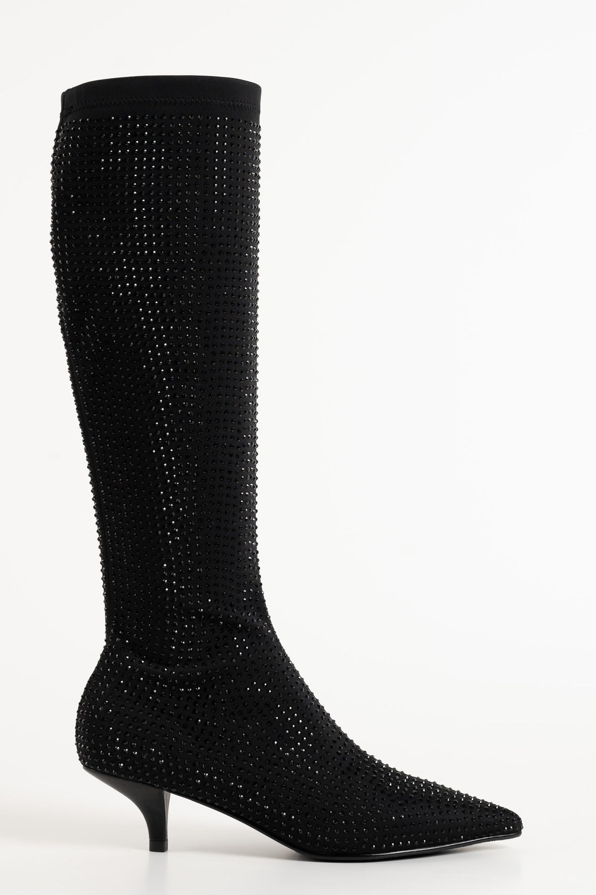 Embellished Knee-high Boot | Black Stretch Nylon