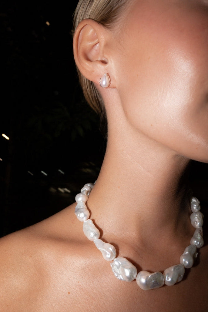 Droplet Pearl Stud Earrings | Sterling Silver