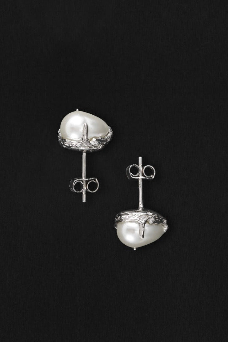 Droplet Pearl Stud Earrings | Sterling Silver