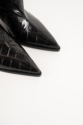 Croco Ankle Boot | Black Embossed Calf Leather