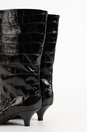 Croco Ankle Boot | Black Embossed Calf Leather