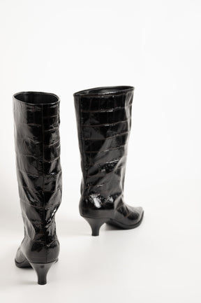 Croco Ankle Boot | Black Embossed Calf Leather