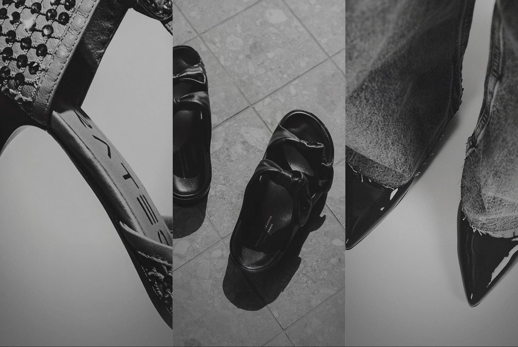Black sandal on a tiled floor with close-up details