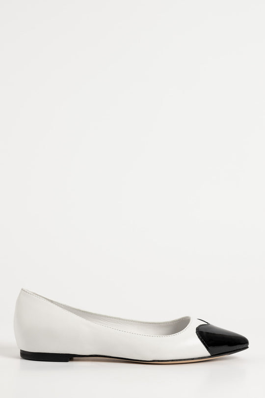 Ballet Flat Heart | White Leather & Black Patent