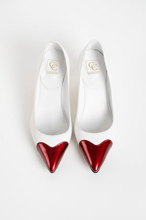 Pointy Pump Heart | Pearl White Nappa Leather & Romantic Red