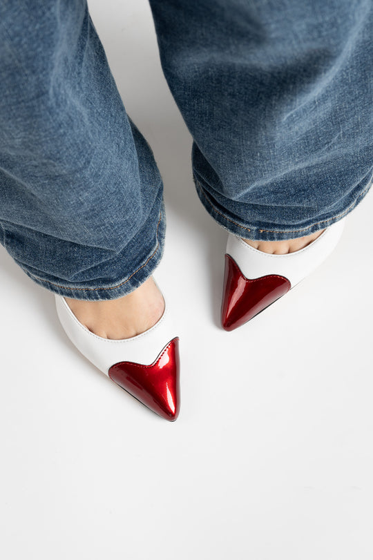 Pointy Pump Heart | Pearl White Nappa Leather & Romantic Red