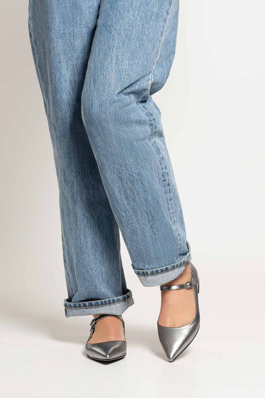 Mary Jane Flat Ingrid | Silver Nappa Leather