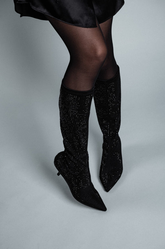 Embellished Knee-high Boot | Black Stretch Nylon