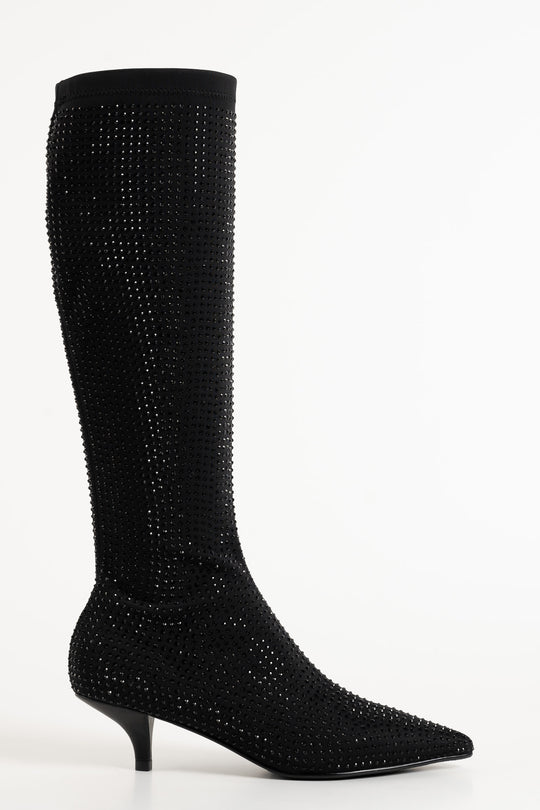 Embellished Knee-high Boot | Black Stretch Nylon