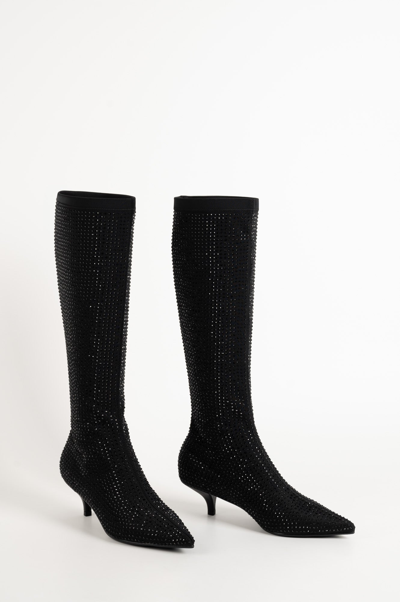 Embellished Knee-high Boot | Black Stretch Nylon