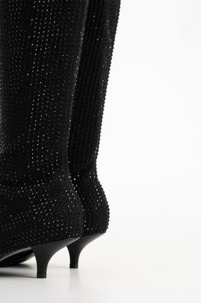 Embellished Knee-high Boot | Black Stretch Nylon