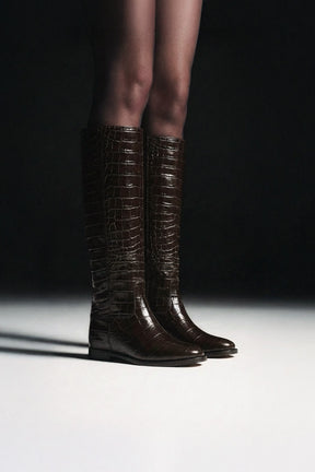 Wedge High Boot Arilo | Brown Croco-Embossed Calf Leather