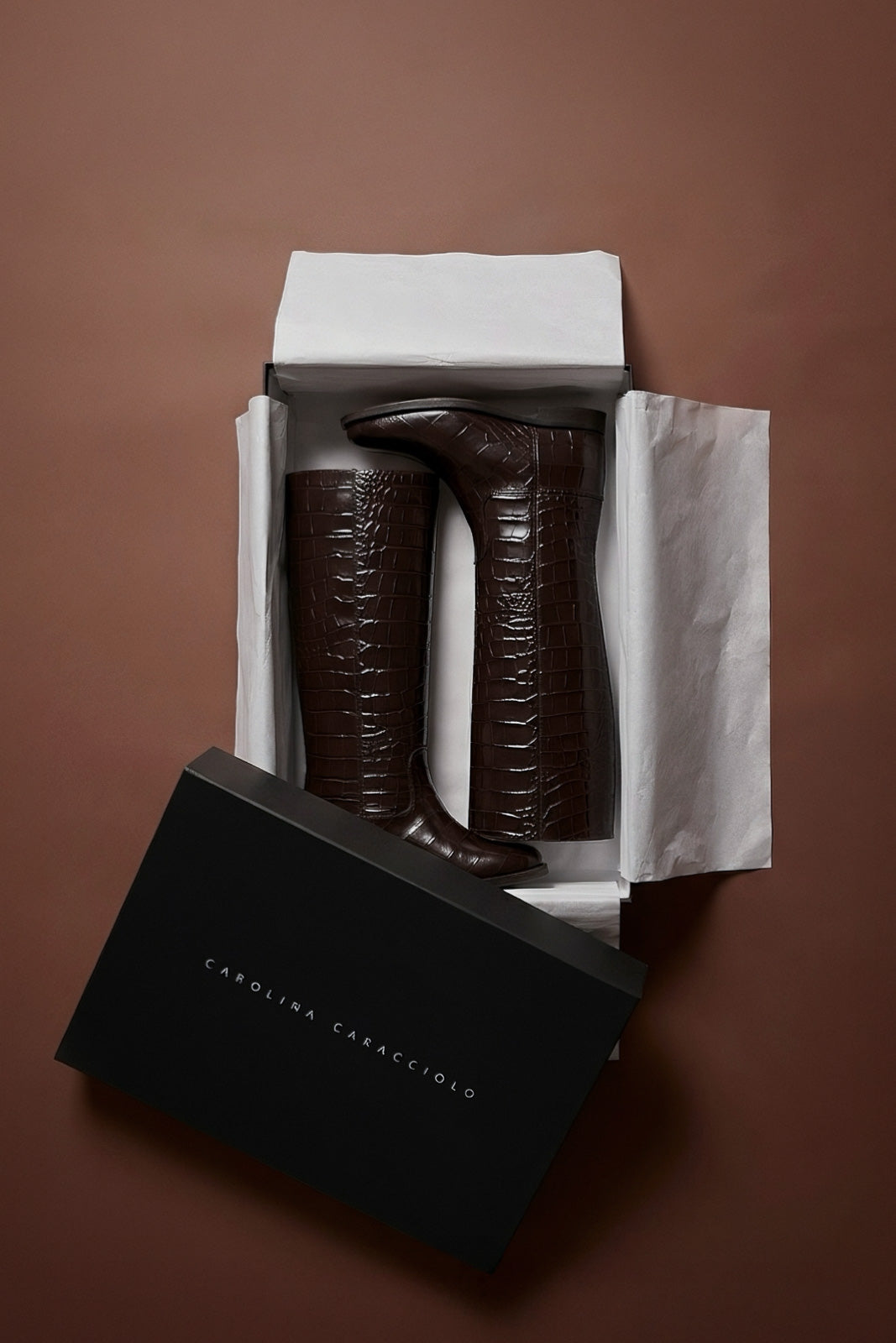 Wedge High Boot Arilo | Brown Croco-Embossed Calf Leather