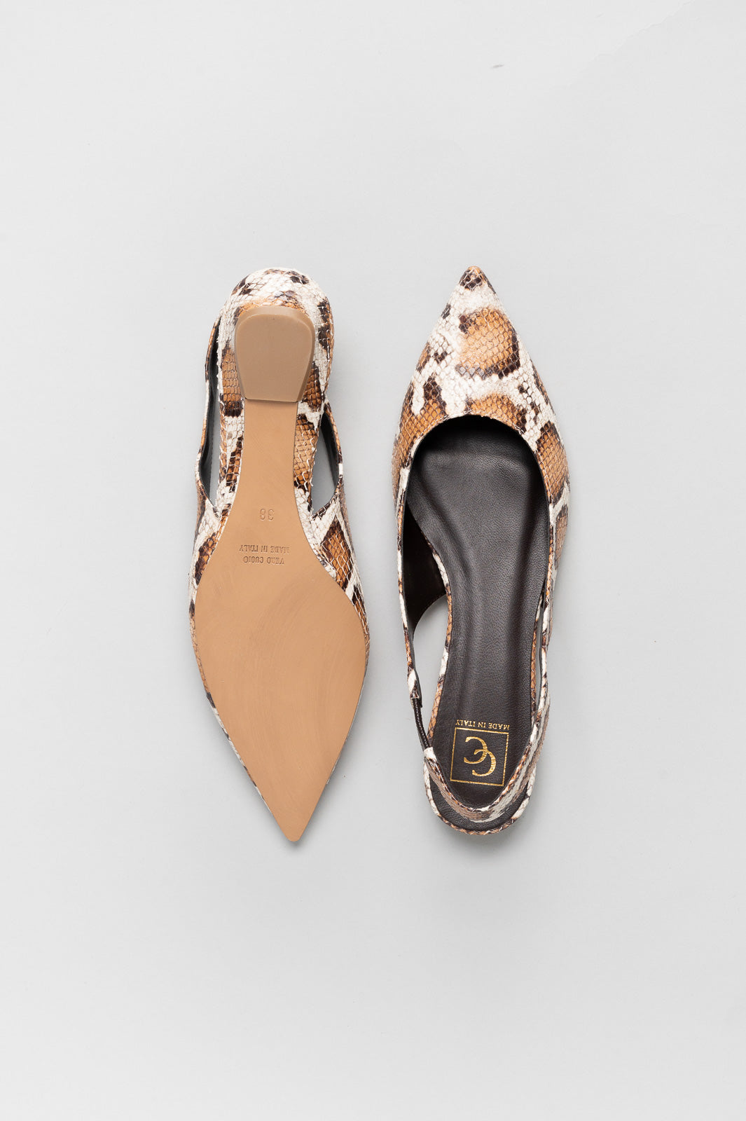 Slingback Flat Sekay | Beige-White Snake-Embossed Leather