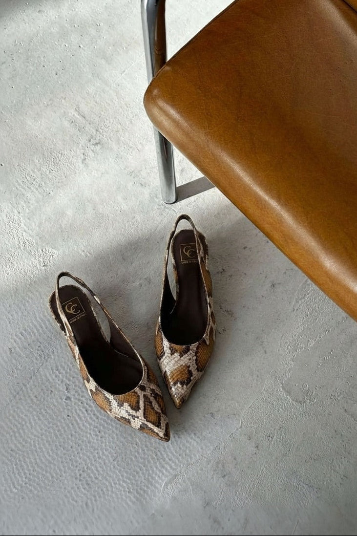 Slingback Flat Sekay | Beige-White Snake-Embossed Leather