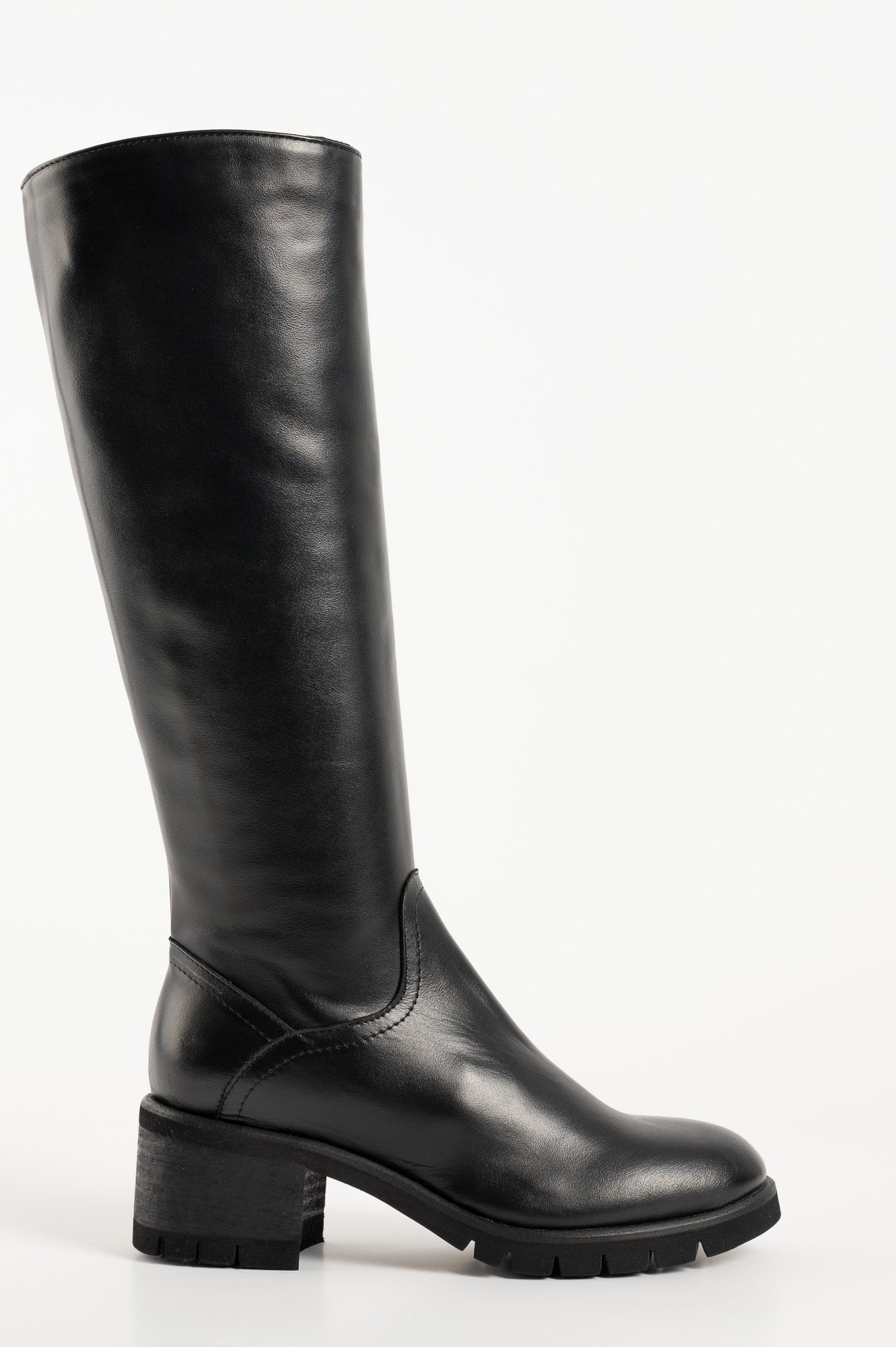 A classic black knee-high boot with a low heel and almond-shaped toe, made from smooth leather.