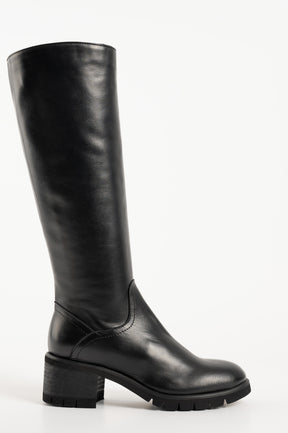 A classic black knee-high boot with a low heel and almond-shaped toe, made from smooth leather.