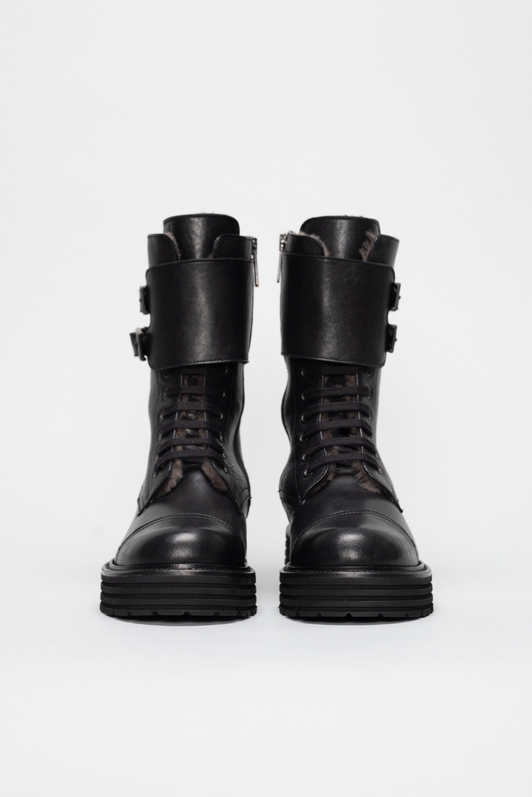 Shearling Lace-up Boot Gilda | Black Buffalo Leather
