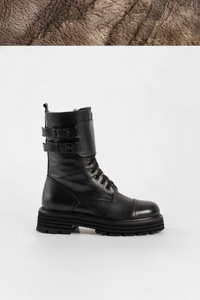 Shearling Lace-up Boot Gilda | Black Buffalo Leather