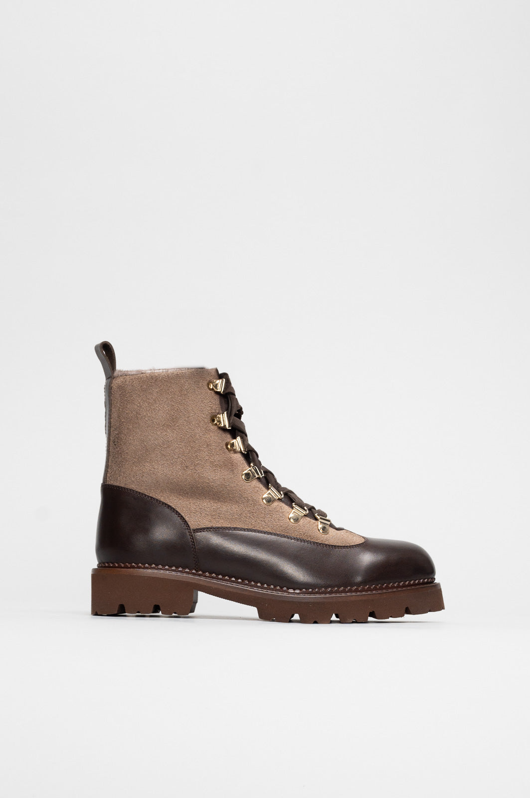 Shearling Lace-Up Boot Livia | Brown-Beige Leather & Suede