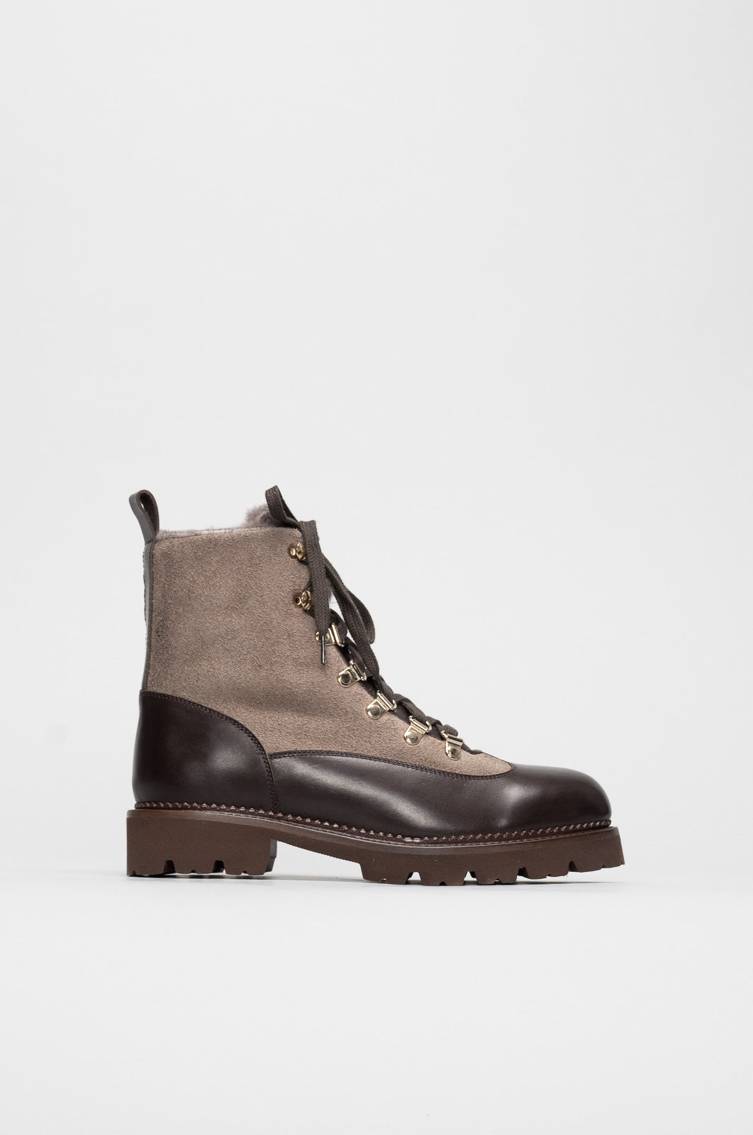 Shearling Lace-Up Boot Livia | Brown-Beige Leather & Suede