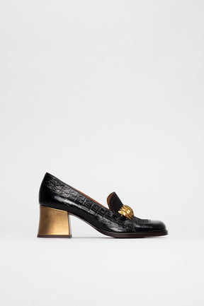 Heeled Loafer Pump Tibro | Deep Black Croc-Embossed Leather