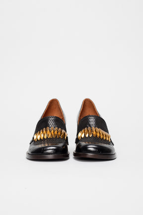 Heeled Loafer Pump Tibro | Deep Black Croc-Embossed Leather