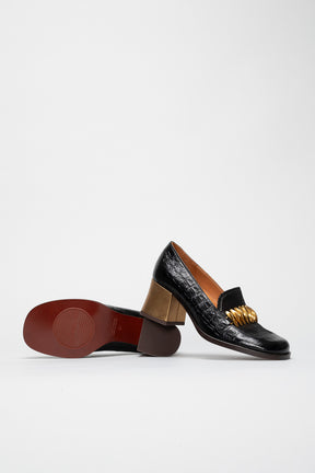 Heeled Loafer Pump Tibro | Deep Black Croc-Embossed Leather