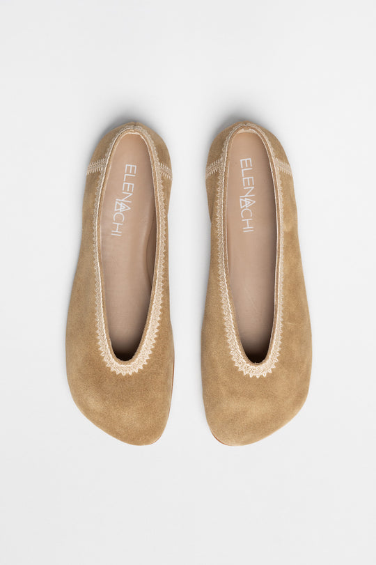 Embroidery Flat Ame | Mushroom Beige Suede