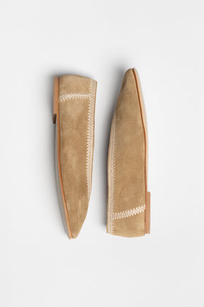 Embroidery Flat Ame | Mushroom Beige Suede