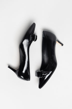 Bow Pump Tela | Black Crinkled Patent Nappa