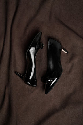 Bow Pump Tela | Black Crinkled Patent Nappa