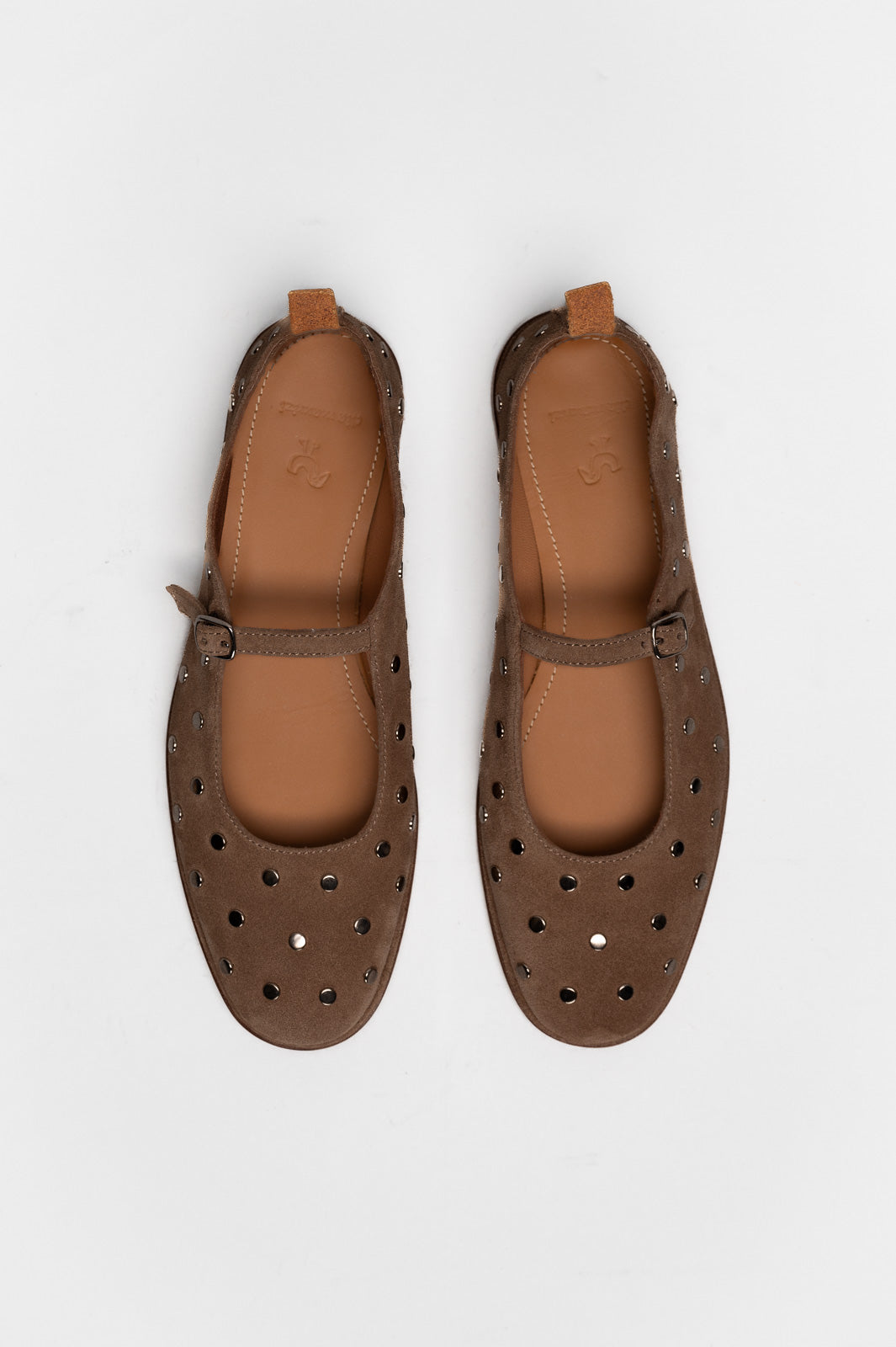 Mary Jane Flat Penelope Studs | Brown Brushed Suede