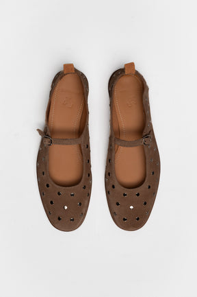 Mary Jane Flat Penelope Studs | Brown Brushed Suede