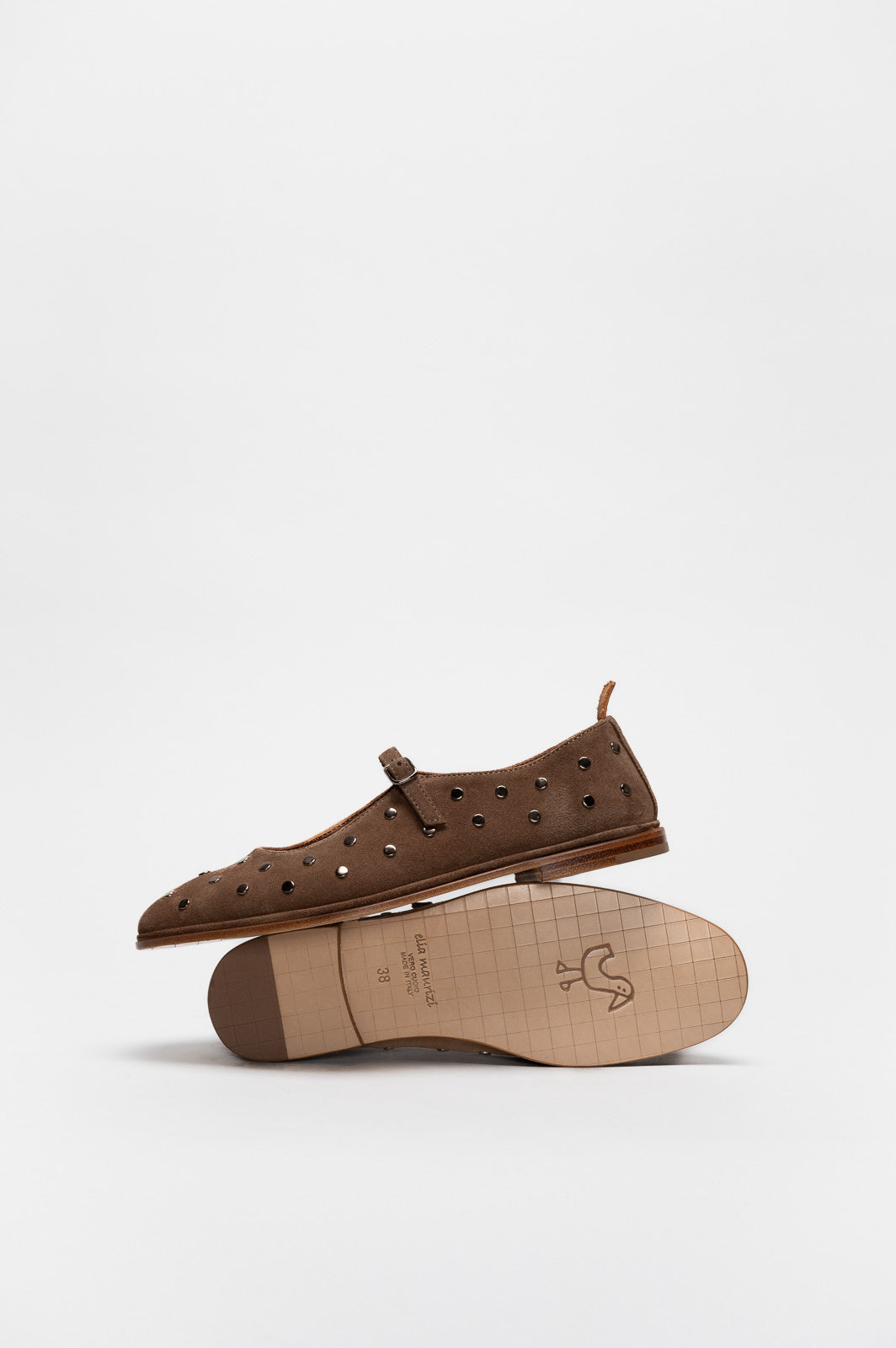 Mary Jane Flat Penelope Studs | Brown Brushed Suede