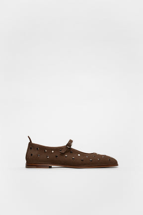 Mary Jane Flat Penelope Studs | Brown Brushed Suede