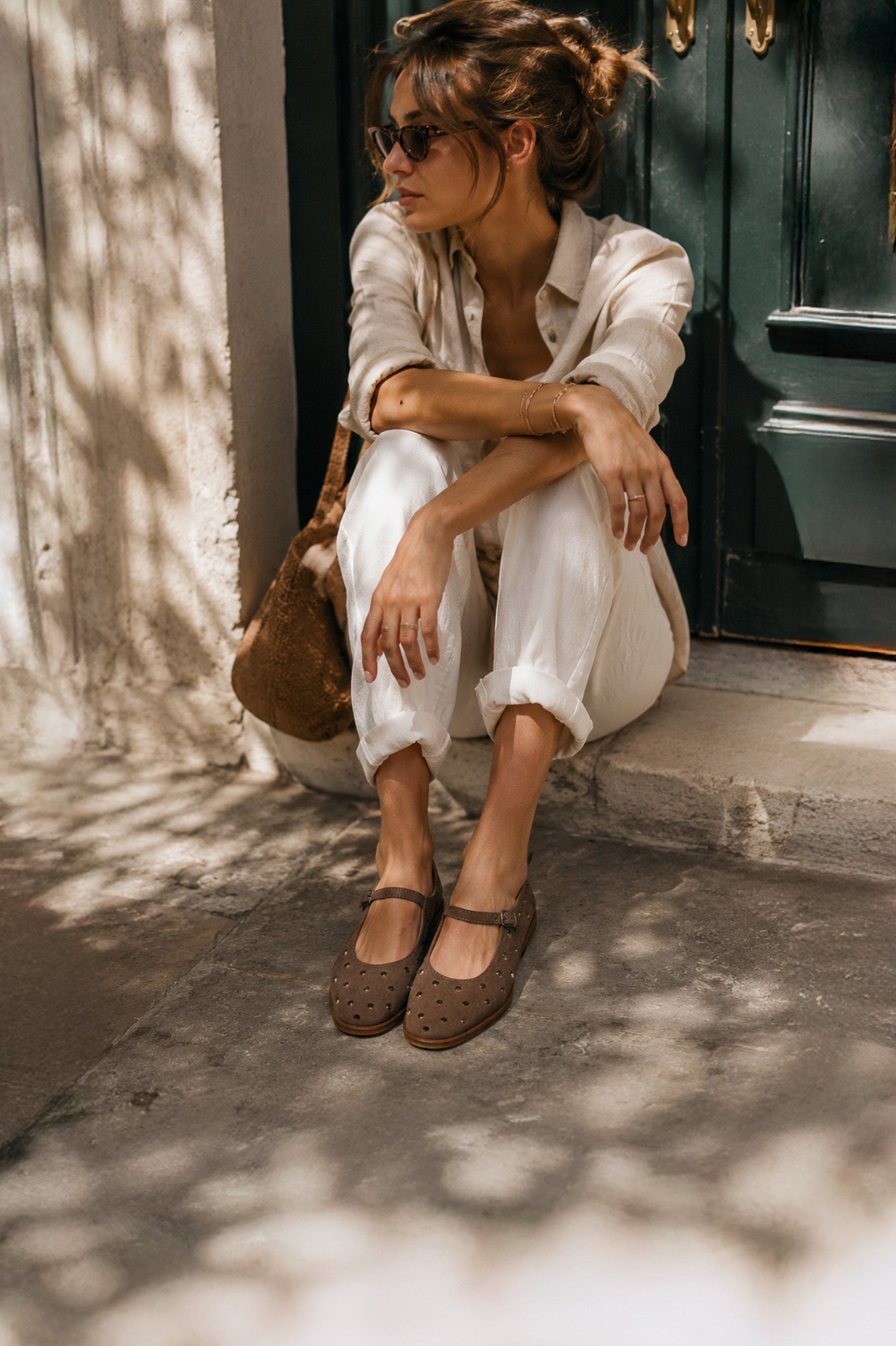 Mary Jane Flat Penelope Studs | Brown Brushed Suede