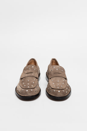 Penny Loafer Pia Studs | Taupe Soft Suede