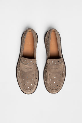 Penny Loafer Pia Studs | Taupe Soft Suede