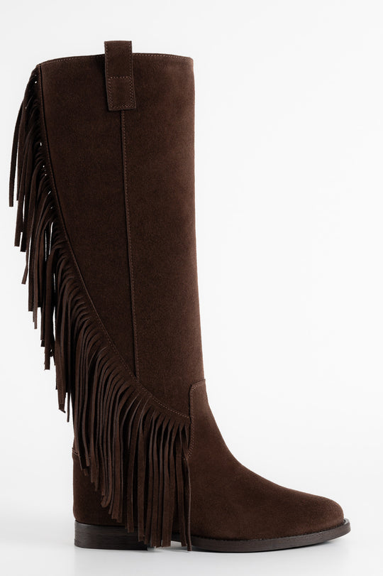 High Boot Noema 5cm Wedge | Cacao Brown Suede Fringes