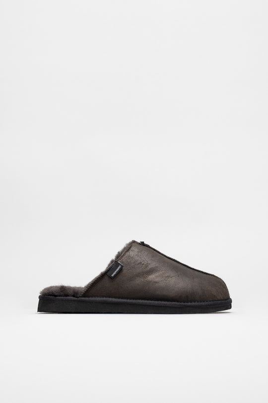 Slip-In Flat Hugo | Off Black Oiled Suede Shearling