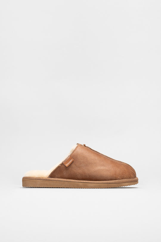 Slip-In Flat Hugo | Antique Cognac Oiled Suede Shearling
