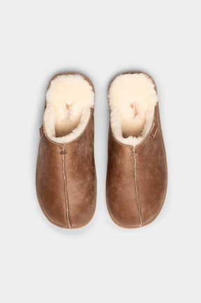 Slip-In Flat Hugo | Antique Cognac Oiled Suede Shearling