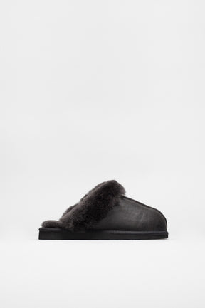 Slip-In Flat Jessica | Off Black Suede Shearling
