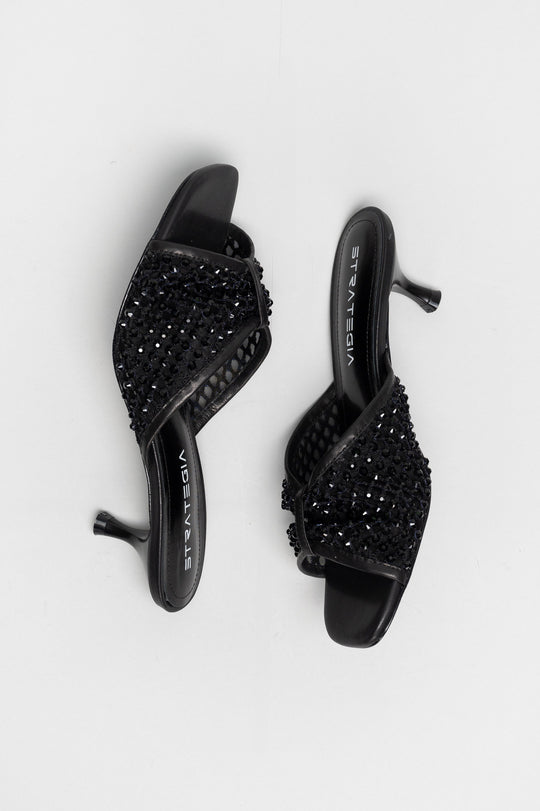 Heeled Sandal Gems | Midnight Black Crystal Mesh